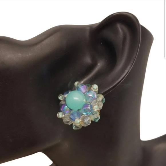 WEST GERMANY BLUE & AURORA BOREALIS GLASS BEAD CLUSTER CLIP ON EARRINGS - Picture 2 of 5